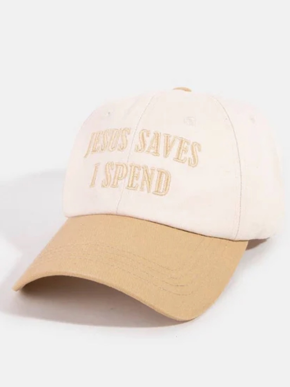 'Jesus Saves I Spend' Two-Tone Baseball Cap - Cream & Tan